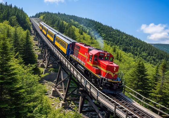 The historic Mount Washington Cog Railway train ascending the steep wooden trestle known as Jacob's Ladder.