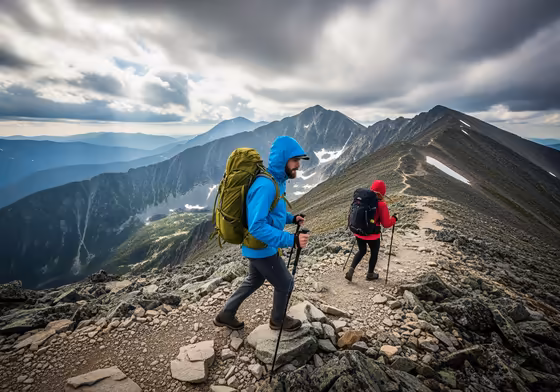 Two well-equipped hikers navigating a rocky, exposed trail above the treeline in the Presidential Range with dramatic clouds overhead.