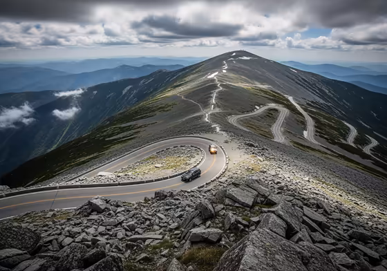 A car navigating a steep, narrow turn on the Mount Washington Auto Road with no guardrails, showcasing the dramatic mountain landscape.