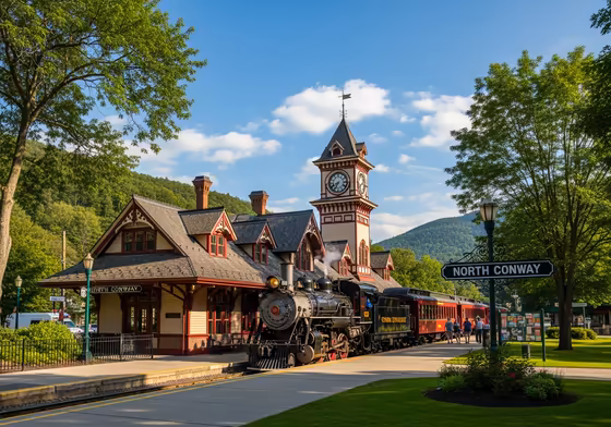 The charming and historic train station in North Conway village with a vintage train on the tracks.