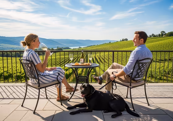 A well-behaved black lab lies on the patio of a winery, with rows of grapevines in the background.