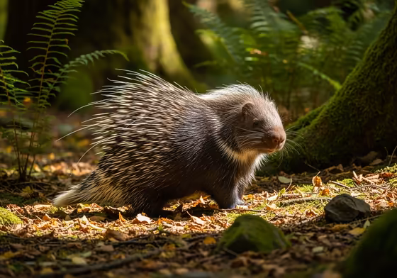 A porcupine in a forest setting, highlighting its sharp quills as a wildlife danger for dogs.