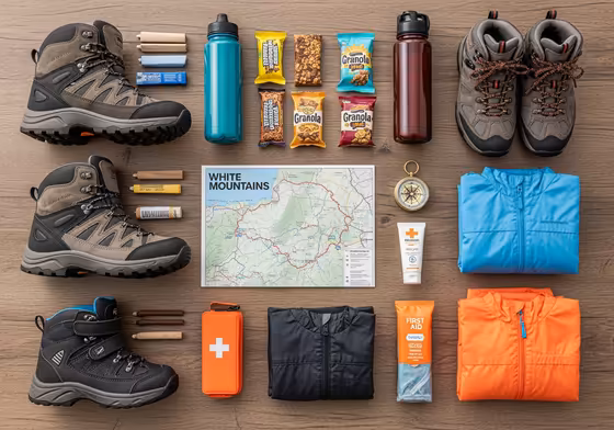 A flat lay of essential family hiking gear including hiking boots, water bottles, snacks, a map, compass, and a small first-aid kit.