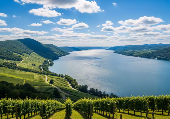 A panoramic view of one of the Finger Lakes in New York, with rolling hills and vineyards in the background.
