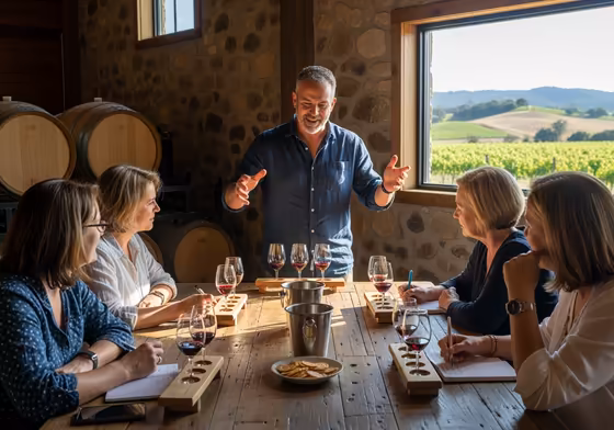 A group of people enjoying a guided wine tasting at a vineyard in the Finger Lakes.