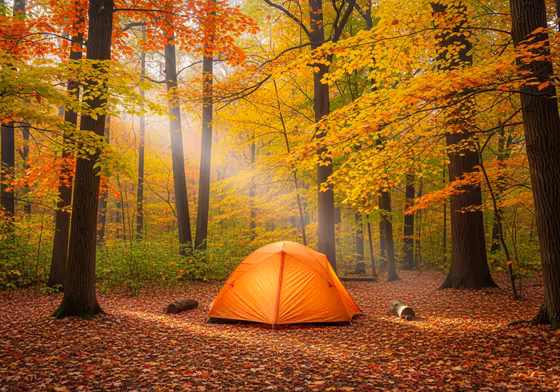 A quiet and peaceful campsite in the fall, with a single tent set up among colorful trees and fallen leaves.