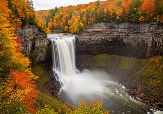The majestic Taughannock Falls plunging into a gorge surrounded by cliffs covered in brilliant fall foliage.