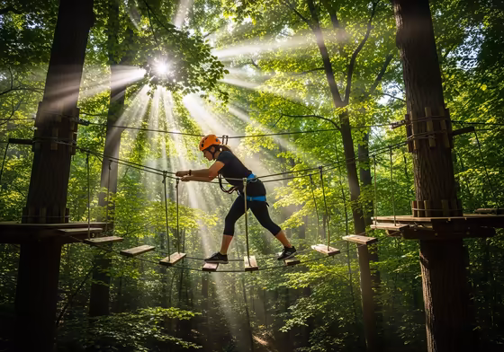 Children and adults navigating a high-ropes course set among tall trees at Bristol Mountain.