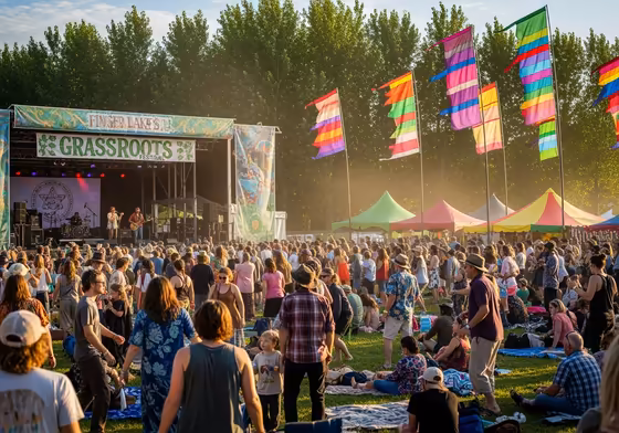 A lively crowd enjoying an outdoor music performance at a summer festival in the Finger Lakes.
