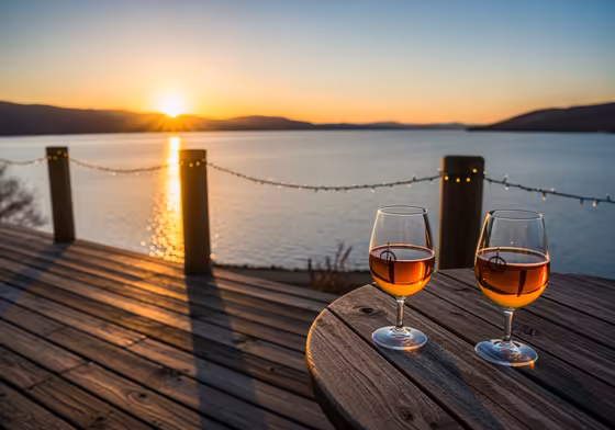 A wooden deck at a Finger Lakes winery overlooking a vast lake at sunset.