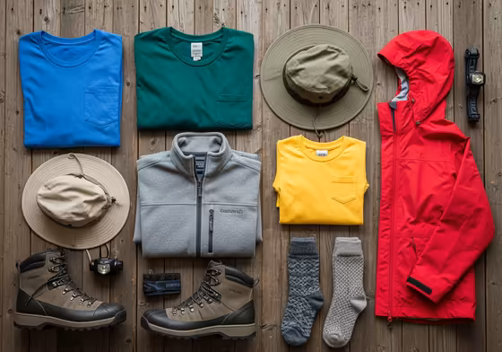 A flat lay of essential camping clothes for variable weather, including a rain jacket, fleece, hiking boots, and extra socks.