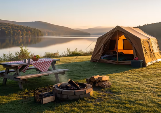 A family-friendly campsite in the Finger Lakes with a tent set up near a calm lake at sunrise.