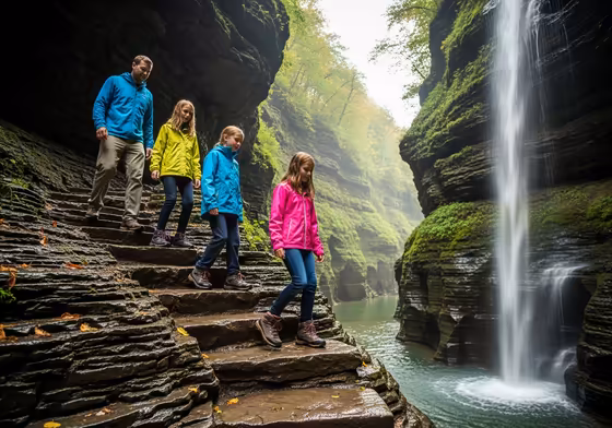 A family with young children carefully hiking along the stone path of the Gorge Trail in Watkins Glen State Park, surrounded by waterfalls.
