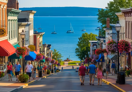 The charming and historic downtown village of Skaneateles with its shops and restaurants along the clear blue lake.