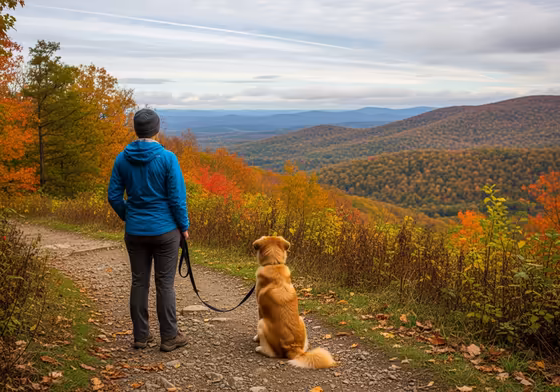 A hiker and their leashed dog resting on a trail in the Finger Lakes, respecting park rules.