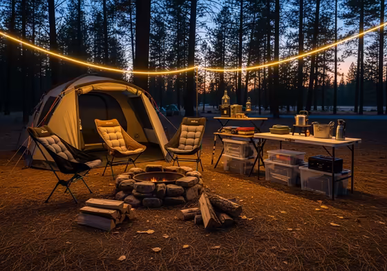 A well-organized campsite with gear stored neatly and lights pointed downwards.