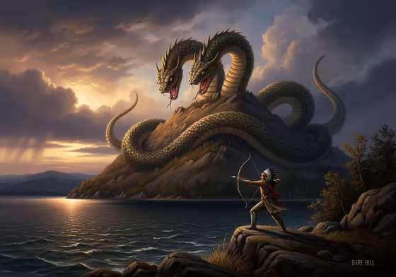 An artistic illustration of the Seneca legend of the two-headed serpent on Bare Hill overlooking Canandaigua Lake.
