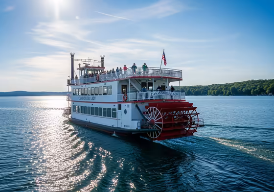 The Canandaigua Lady, a double-decker paddle wheel boat, cruising on the blue waters of the lake.