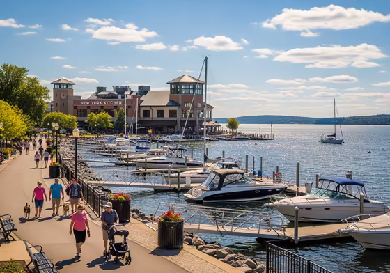 The vibrant and walkable waterfront in the City of Canandaigua, with boats docked and people strolling along the pier.