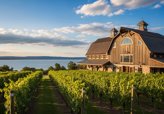 The beautiful 100-year-old barn that houses the Heron Hill Tasting Room, with a view of the vineyards and Canandaigua Lake.