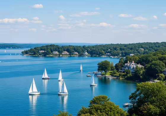 A beautiful panoramic view of Canandaigua Lake from the north shore on a sunny day.