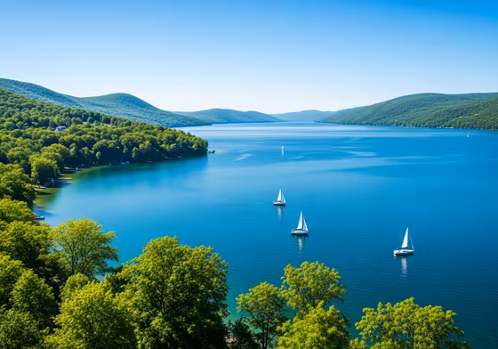 A sweeping panoramic view of Cayuga Lake from a high vantage point, showing the long, narrow lake surrounded by lush green hills.