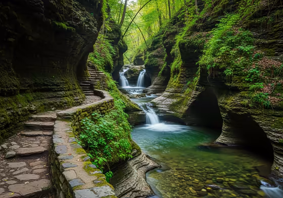 A stone footbridge crossing Cascadilla Creek as it flows through a lush, rocky gorge in Ithaca, NY.