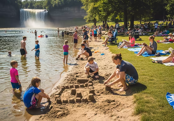 Swimmers and sunbathers enjoying the sandy beach at Taughannock Falls State Park on Cayuga Lake.
