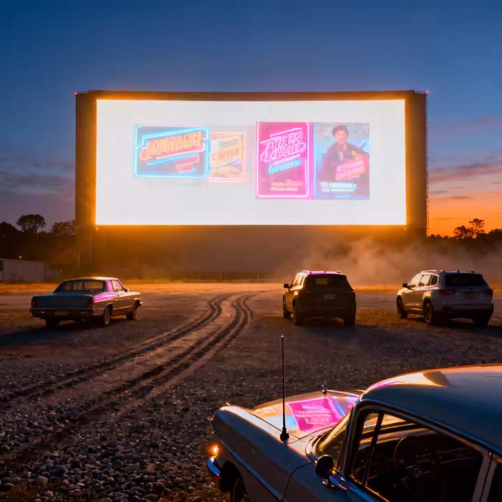 The massive main screen of the Elmira Drive-In in Elmira Heights, NY, towering over the parking area.