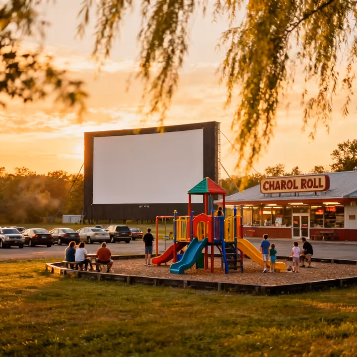 The family-friendly Silver Lake Drive-In in Perry, NY, showing a playground in front of one of its screens.