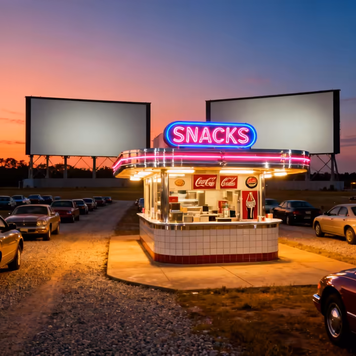 The modern four-screen Vintage Drive-In in Avon, NY, with its distinctive 1950s-style concession stand.