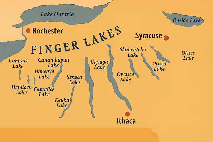 A detailed map of the Finger Lakes region, highlighting the eleven main lakes and key towns like Ithaca, Geneva, and Canandaigua.