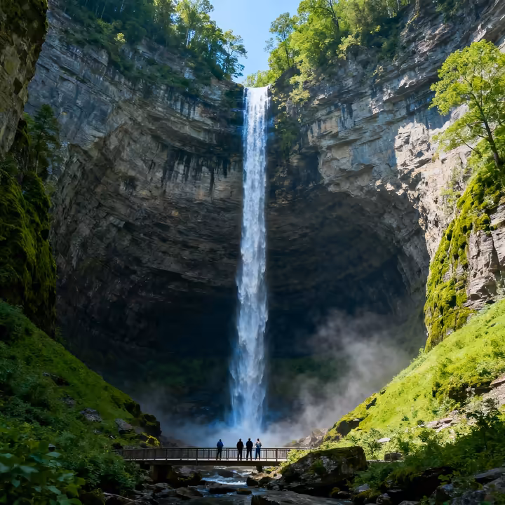 The magnificent Taughannock Falls plunging 215 feet into a vast rock amphitheater.