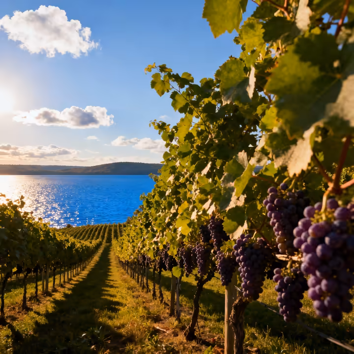 Rows of grapevines in a Finger Lakes vineyard with a view of Seneca Lake in the background.