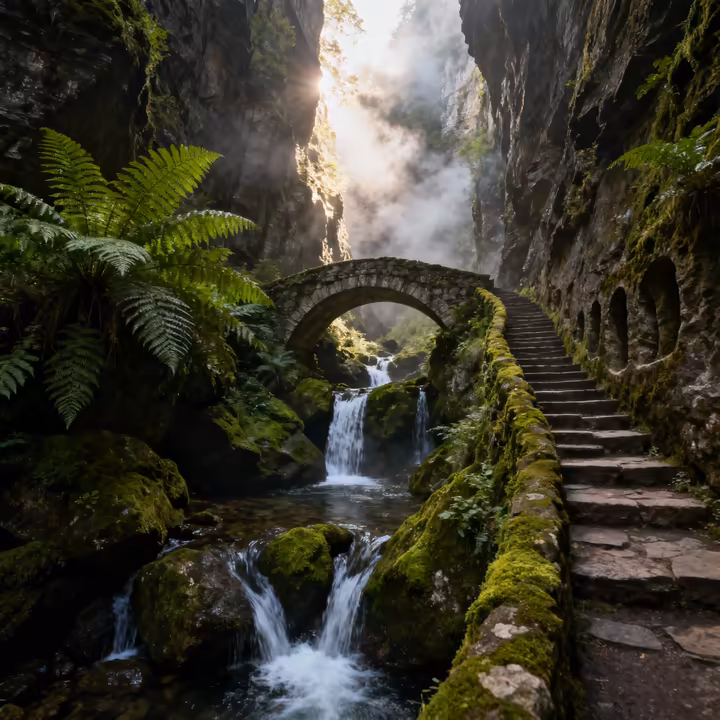 The stunning gorge trail at Watkins Glen State Park, with stone steps winding alongside a cascading waterfall.