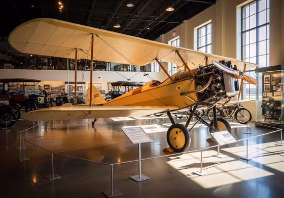 A restored vintage airplane, the 'Jenny', on display inside the Glenn H. Curtiss Museum in Hammondsport.