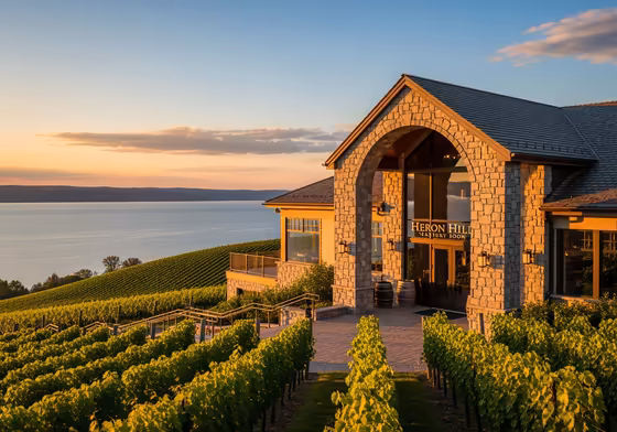 The beautiful tasting room at Heron Hill Winery, with its vaulted ceilings and large windows overlooking the vineyards and Keuka Lake.