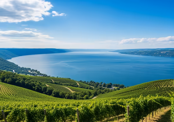 A sweeping panoramic view of Seneca Lake from a high vantage point, showing its vast blue waters and the lush green hills of wine country.