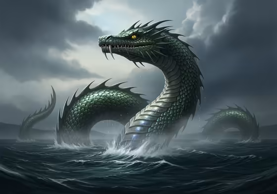 An artistic and mysterious depiction of the legendary Seneca Lake monster, 'Old Greeny,' surfacing from the deep, dark waters of the lake.