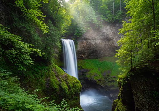 The stunning 90-foot Carpenter Falls cascading down a moss-covered rock face into a gorge surrounded by lush green forest.