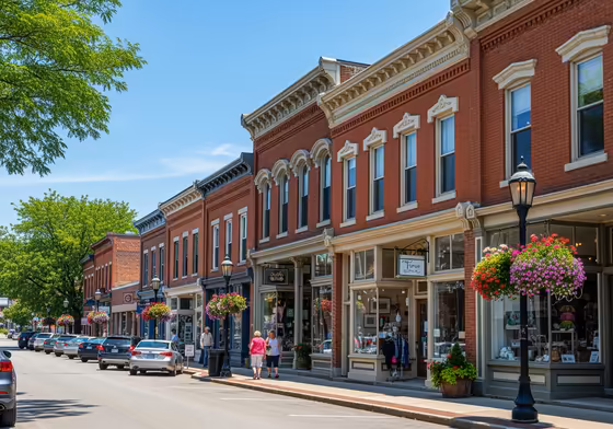 A charming street view of Genesee Street in Skaneateles, featuring well-preserved 19th-century buildings with unique boutique shops and art galleries.