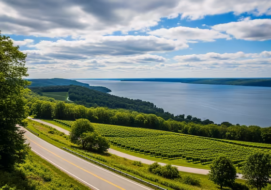 A scenic view from a road overlooking Skaneateles Lake, with rolling green hills and vineyards in the foreground and the blue lake in the distance.