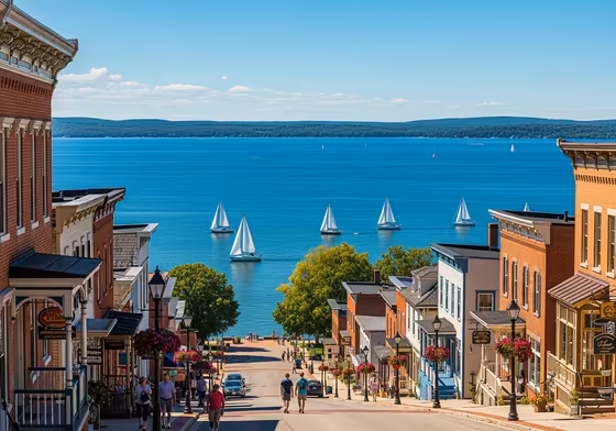 A beautiful panoramic view of the village of Skaneateles with its historic buildings nestled against the bright blue water of the lake on a sunny day.