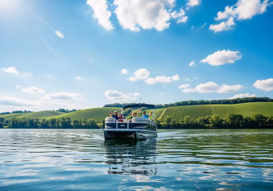 A pontoon boat cruises across the calm, blue water of Keuka Lake on a sunny day, with rolling green hills in the background.
