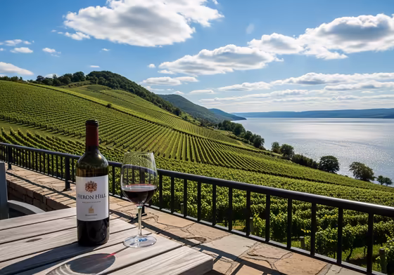The iconic Tasting Hall at Heron Hill Winery with its vaulted ceilings, overlooking the stunning panoramic vista of Keuka Lake and the vineyards.