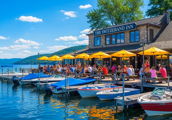 The exterior of The Switzerland Inn, a casual lakeside restaurant with boats docked right in front and people dining on the patio.