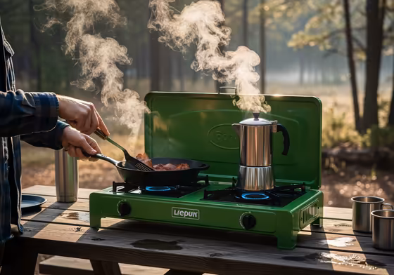 A person cooking a meal on a two-burner camp stove at a picnic table, with camping cookware and ingredients neatly organized.