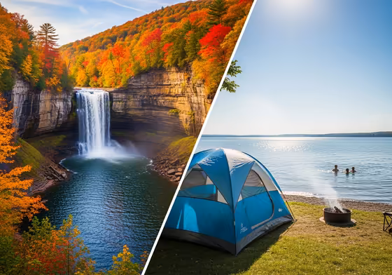 A split-screen image showing a vibrant fall foliage scene in the Finger Lakes on one side, and a sunny summer day by the lake on the other.