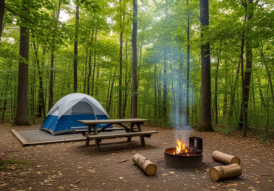 A well-maintained campsite in a New York State Park, featuring a tent, a picnic table, and a fire ring surrounded by trees.