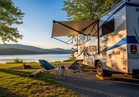 A Class C RV parked level at a beautiful campsite overlooking a lake in the Finger Lakes.